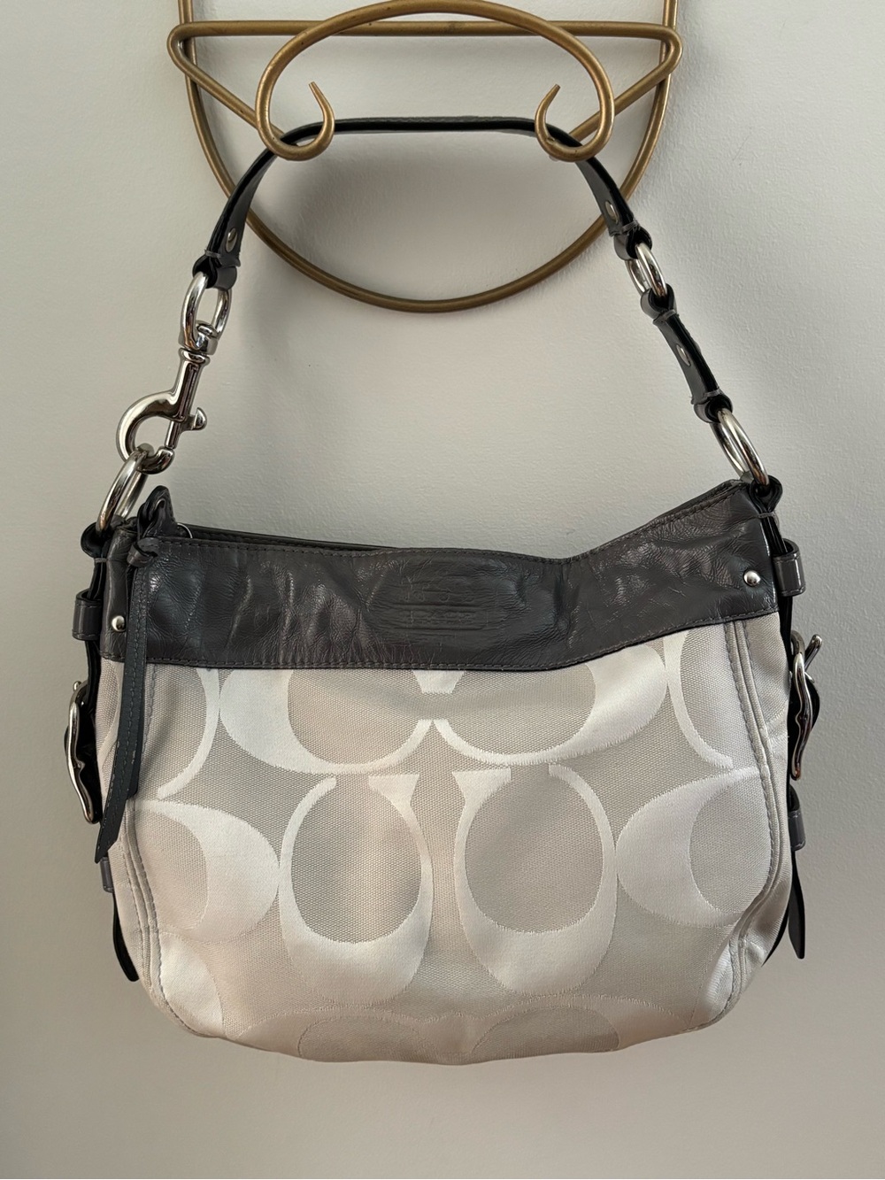 Coach Signature Ergo Hobo Gray White Jacquard Leather